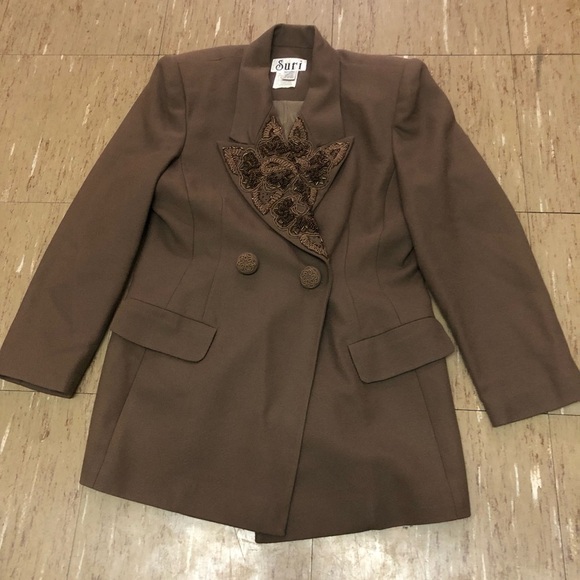 Vintage Double Breasted 100% Wool Embellished Brown Suit Jacket size 10 *FLAW - Picture 1 of 10